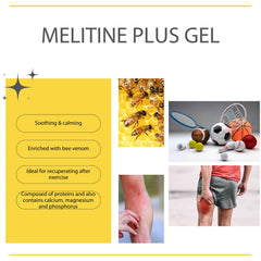 De Camille Melitine plus gel werkt verzachtend en kalmerend. Deze gel is ook ideaal voor het recupereren na het sporten. Verrijkt met onder andere bijengif. Het actieve bestanddeel hiervan is de hoofdzakelijk samengesteld uit eiwitten en bevat ook calcium, magnesium en fosfor.